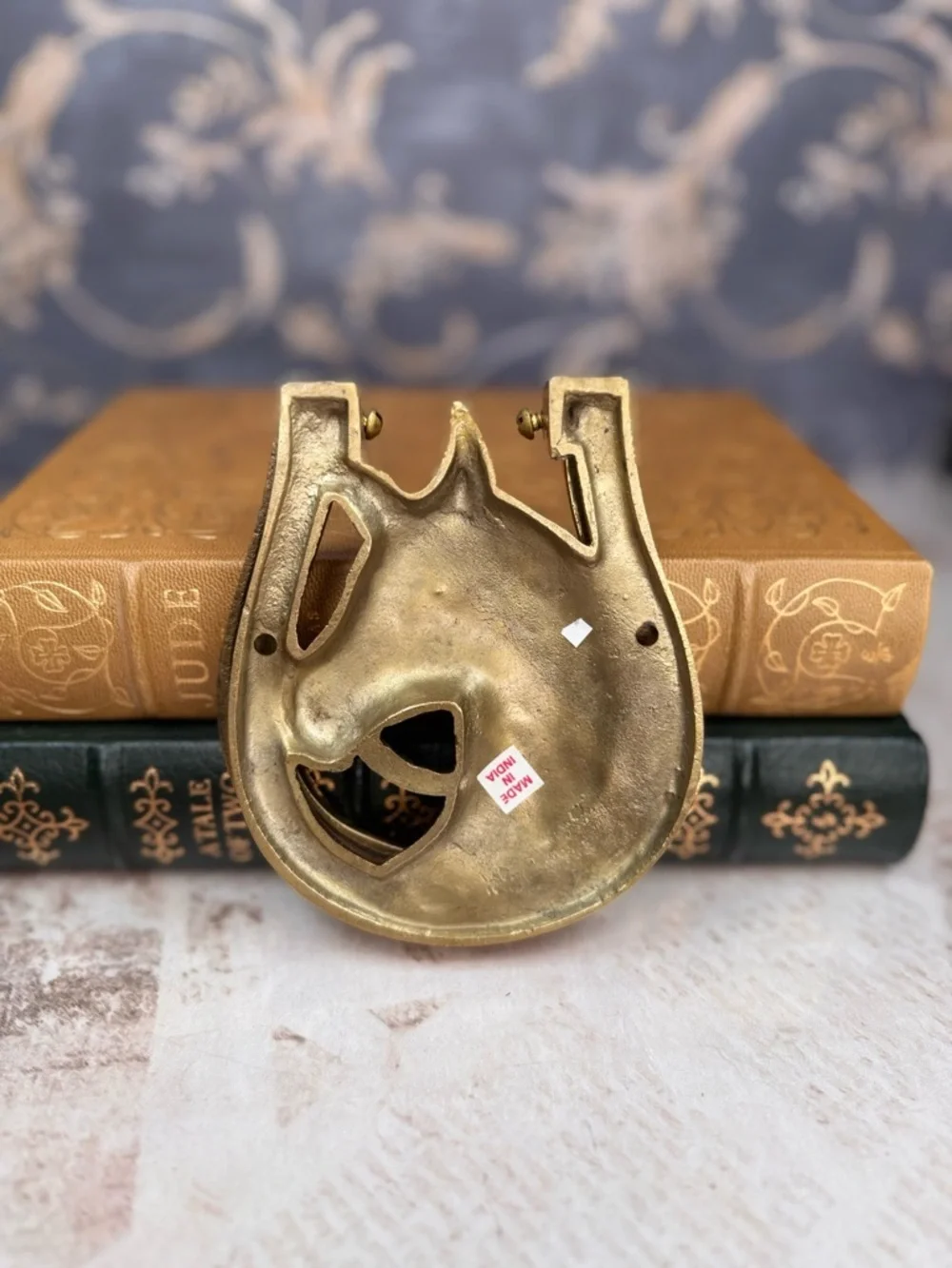 Heavy Brass Horse Head Door Knocker Horseshoe Equestrian Decor